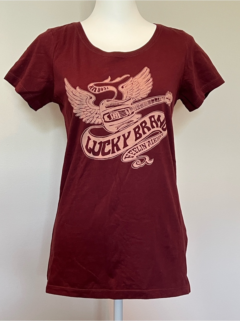 Lucky Brand Women's Short Sleeve Tee in Maroon with Pale Pink Graphic